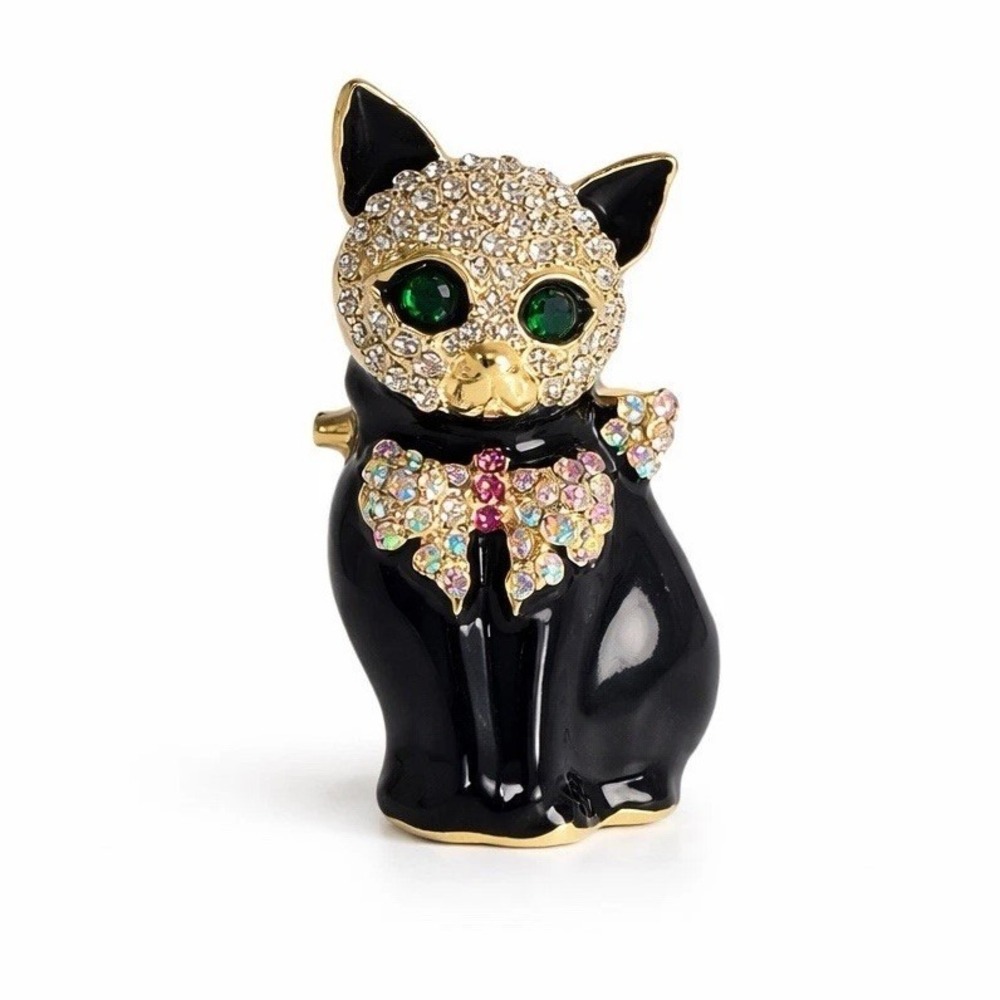 Rhinestone Cat Metal Brooch Black Enamel Gold Tone Green Eyes Pin 1.5"